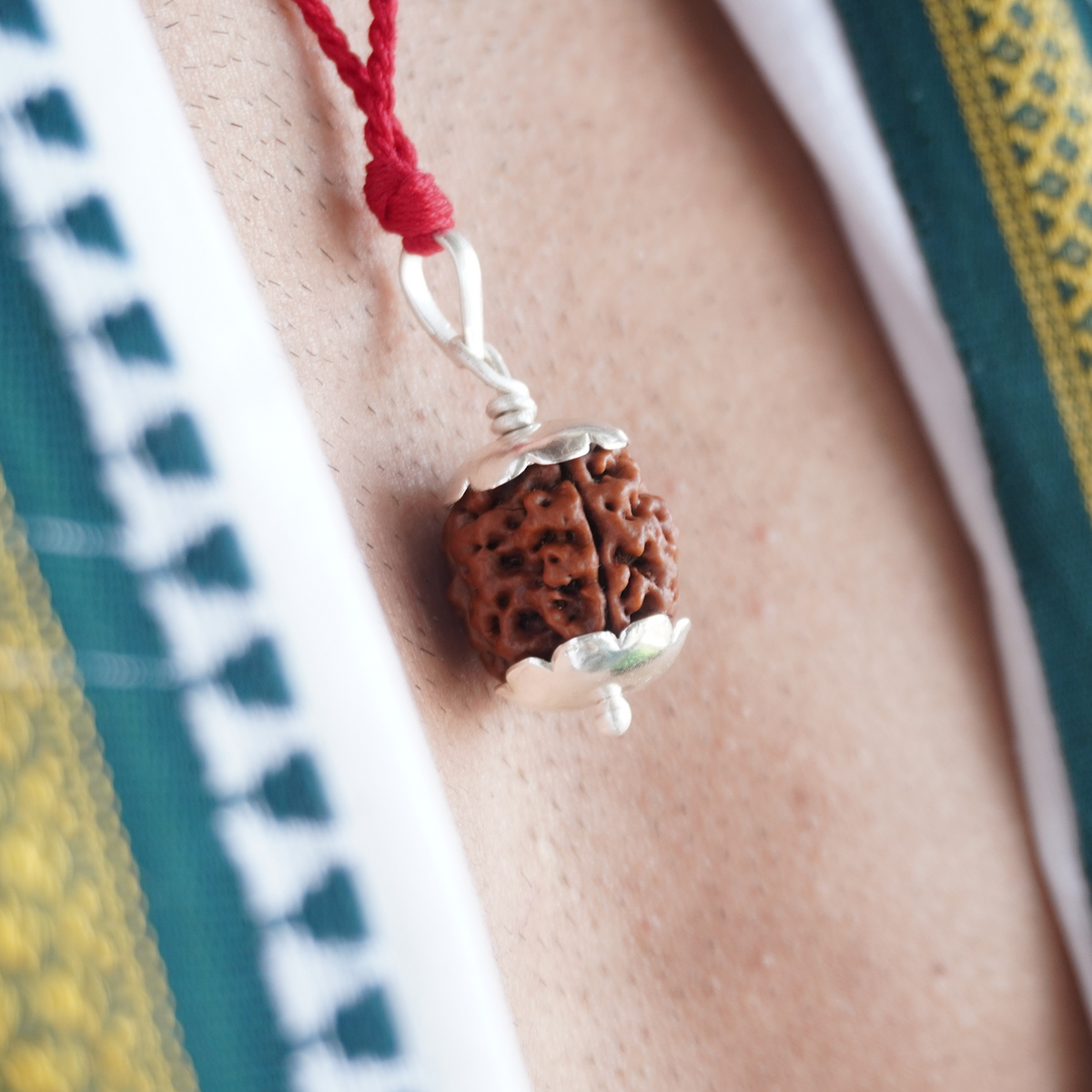 Red Thread 3 Mukhi Rudraksha pendant close up