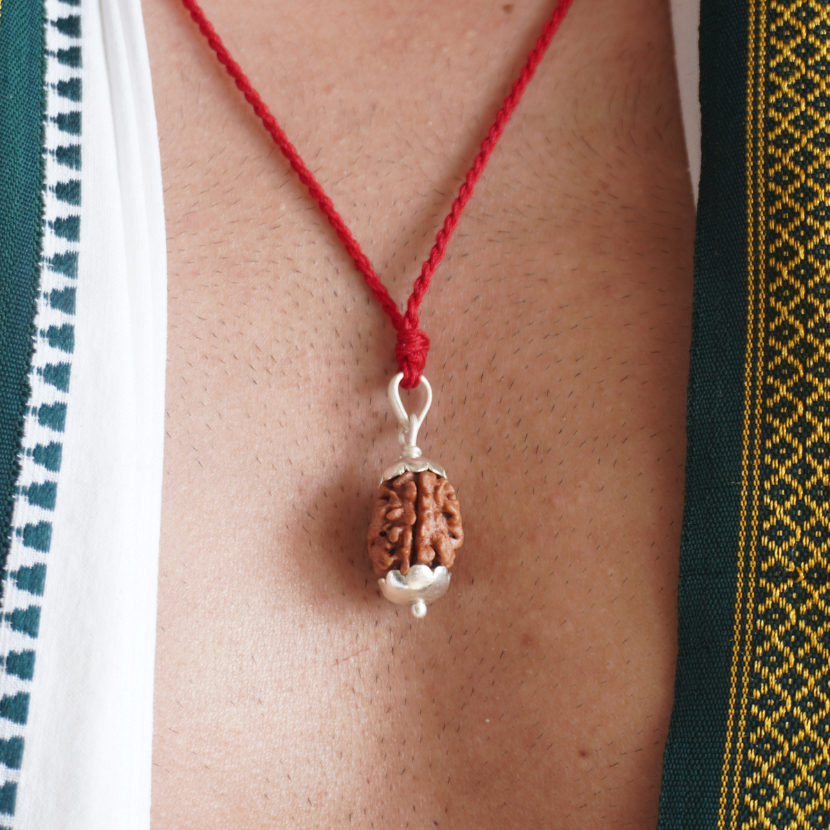 Red Thread 2 Mukhi Rudraksha pendant worn