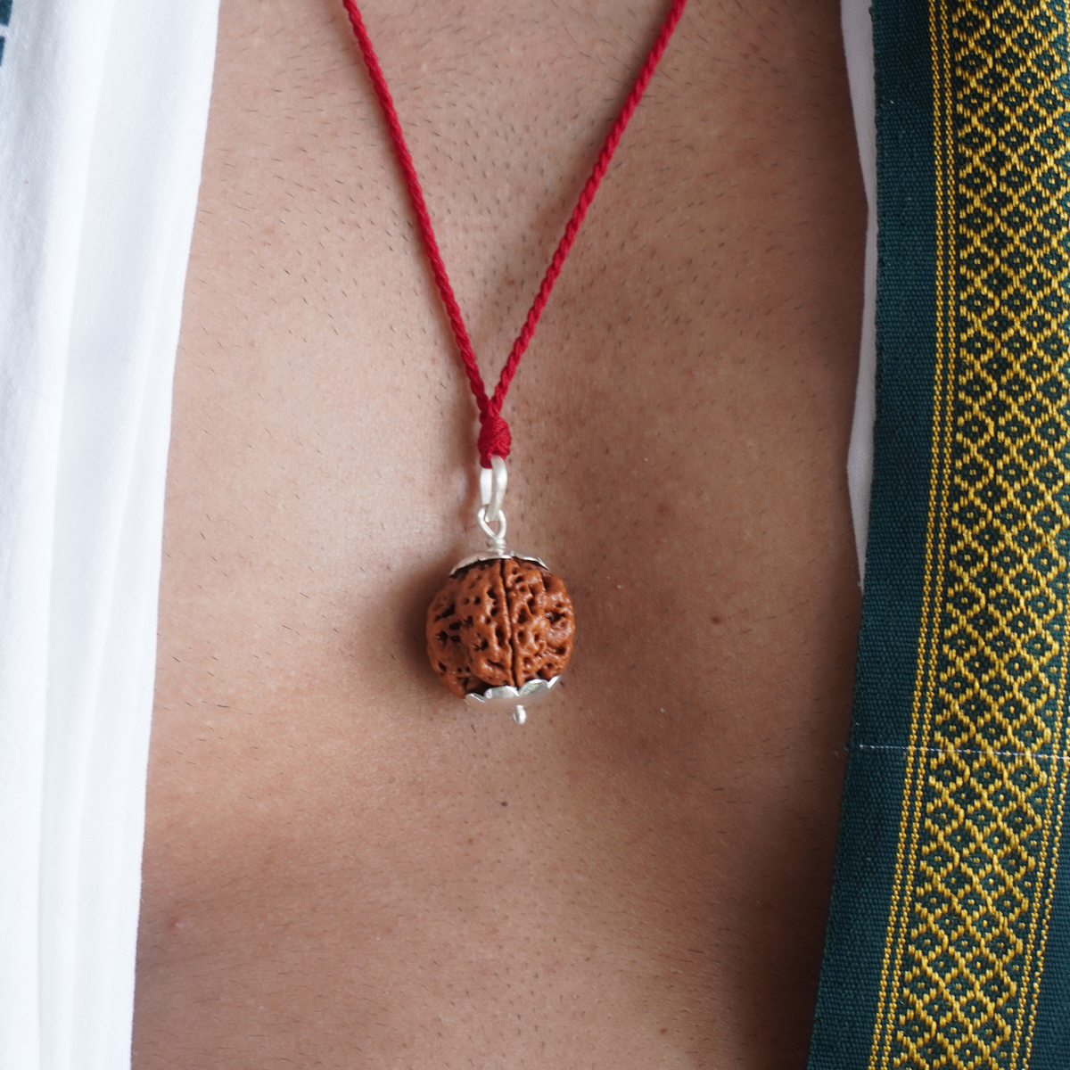Red Thread 4 Mukhi Rudraksha pendant worn