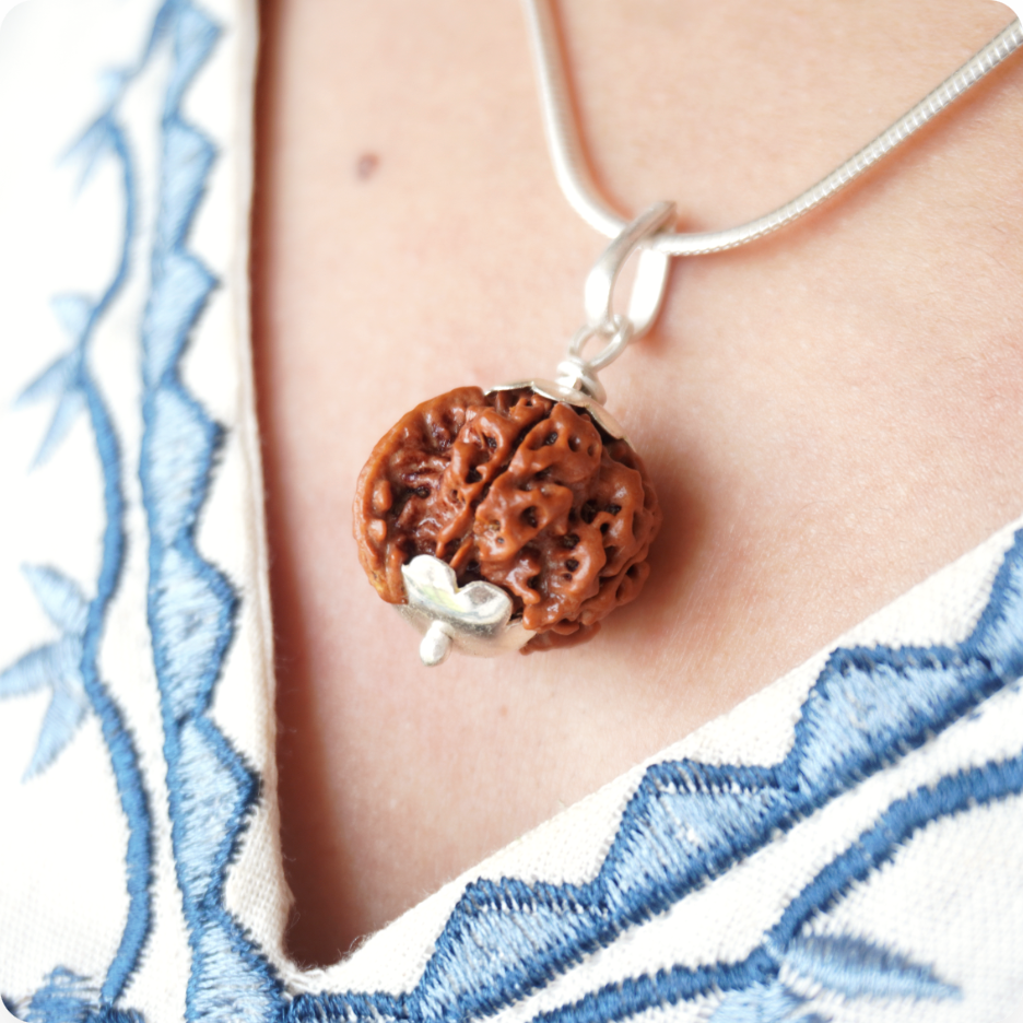 Silver Chain Ganesh Mukhi Rudraksha pendant worn by a woman, close up