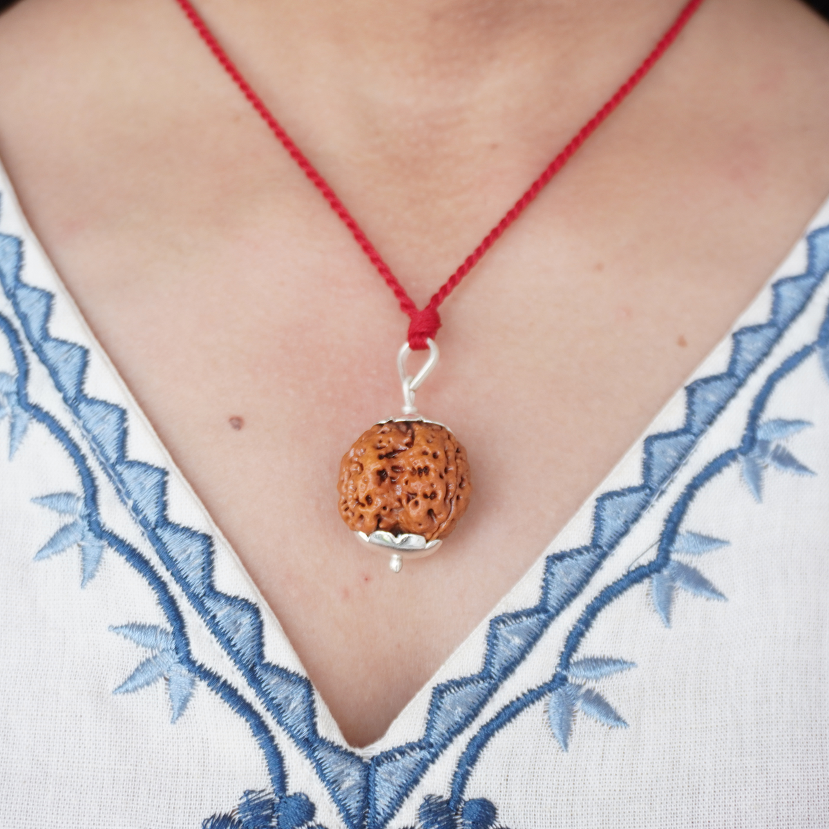 Red Thread 4 Mukhi Rudraksha pendant worn