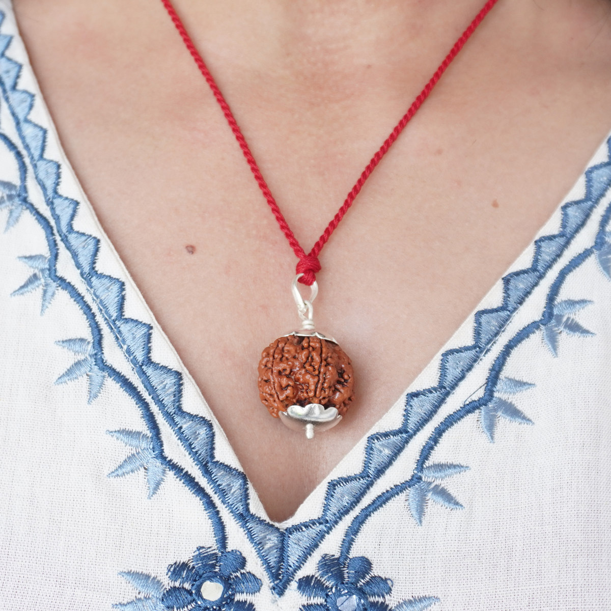 Red Thread 5 Mukhi Rudraksha pendant worn