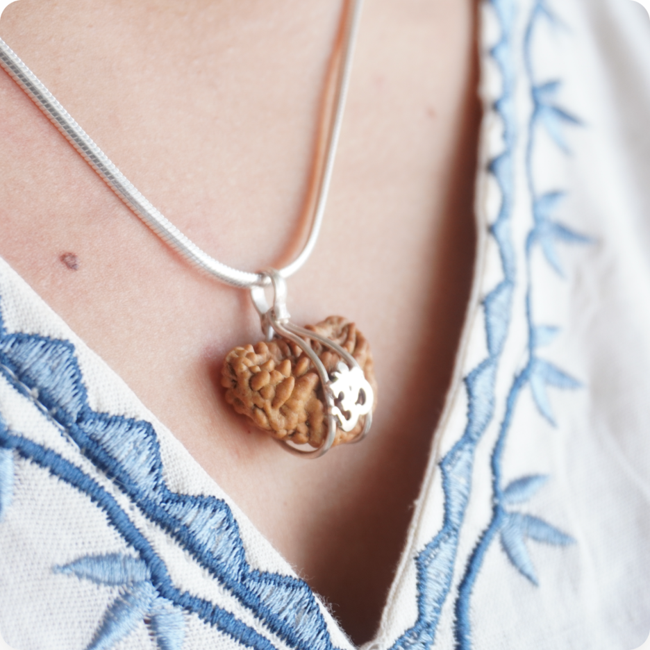 Silver Chain 1 Mukhi Rudraksha pendant worn, close up