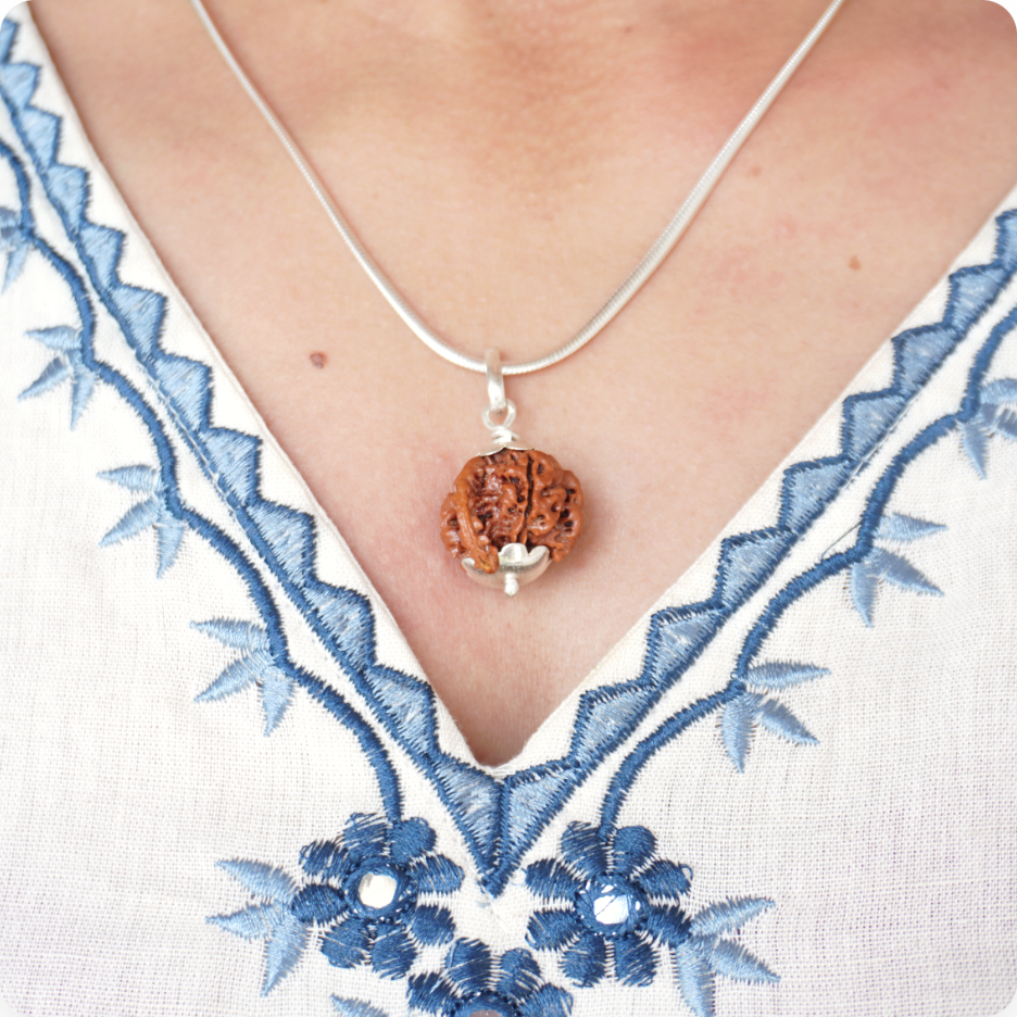 Silver Chain Ganesh Mukhi Rudraksha pendant worn by a woman