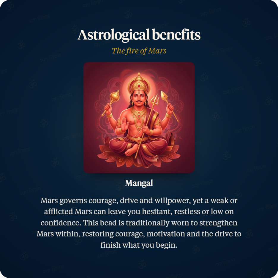 Red Thread astrological benefits of 3 Mukhi Rudraksha, Mars