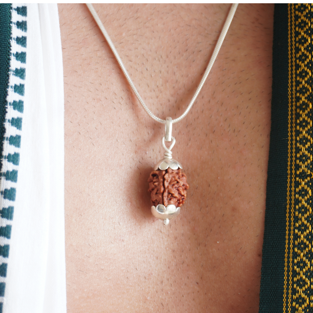 Silver Chain 2 Mukhi Rudraksha pendant worn