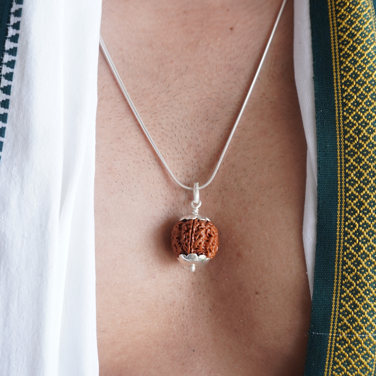 Silver Chain 4 Mukhi Rudraksha pendant worn