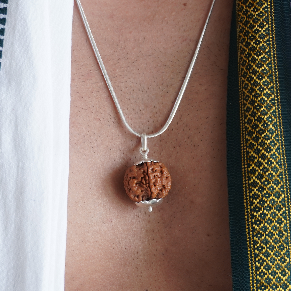 Silver Chain 5 Mukhi Rudraksha pendant worn