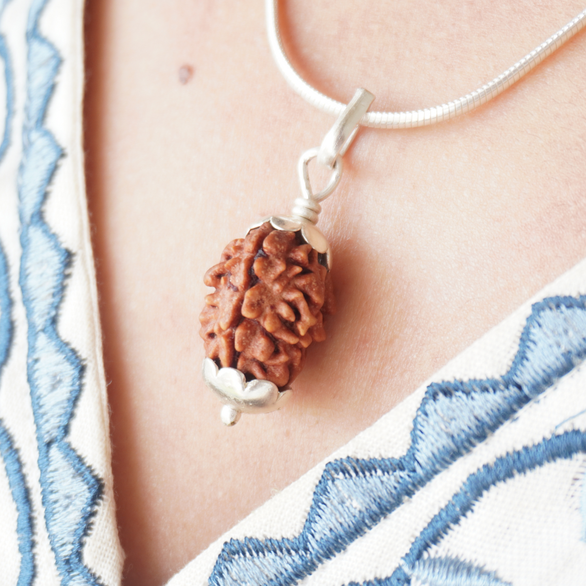 Silver Chain 2 Mukhi Rudraksha pendant worn, close up