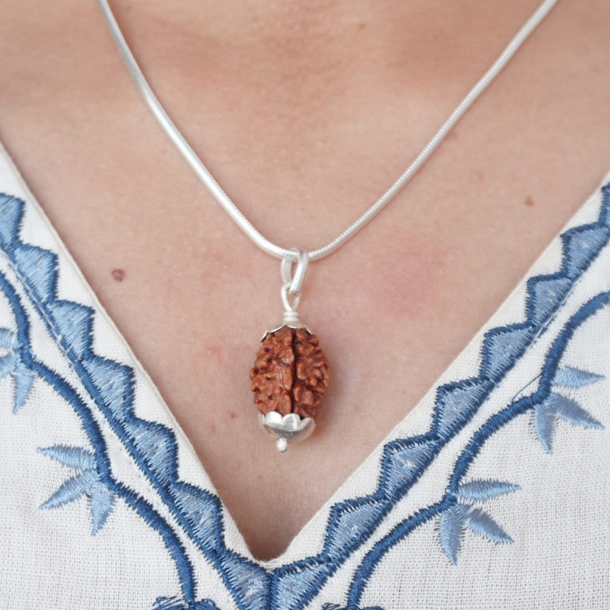 Silver Chain 2 Mukhi Rudraksha pendant worn