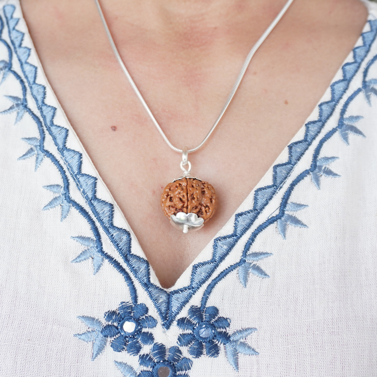 Silver Chain 5 Mukhi Rudraksha pendant worn
